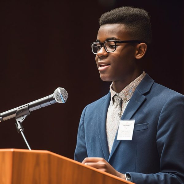 Professional African businessman holding a microphone presenting generated by artificial intelligence